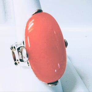 Silver-tone and Orange Jade Stretch Statement Ring